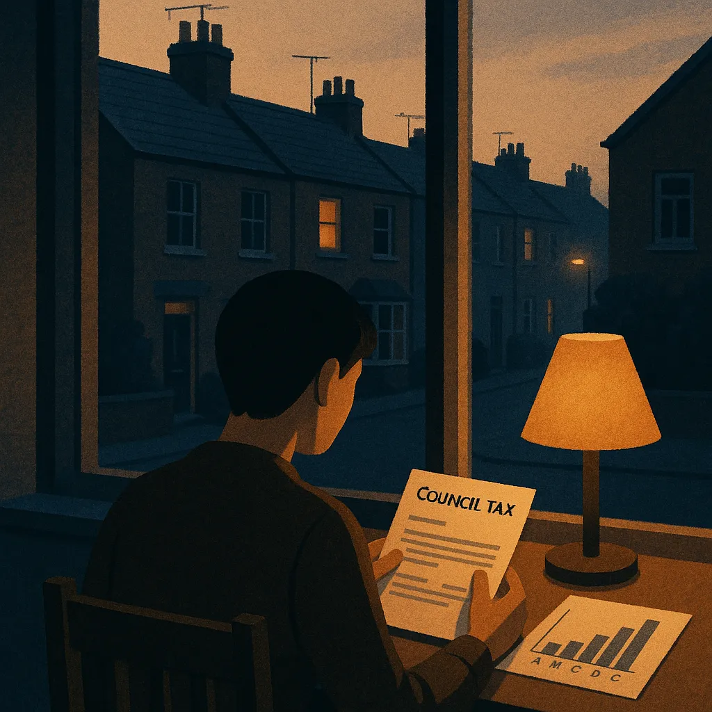 person reviewing a council tax bill beside a simple band chart at a kitchen table