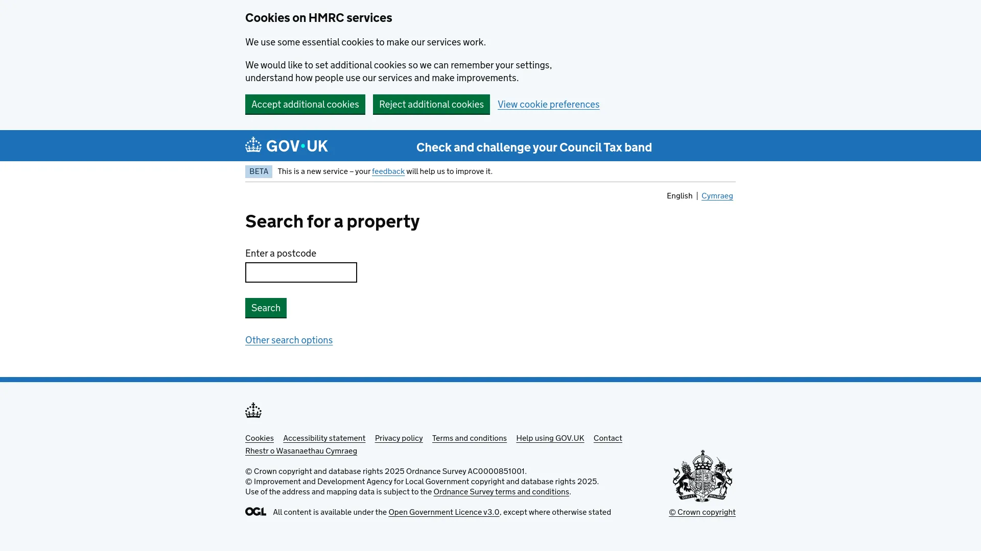 GOV.UK council tax band lookup page screenshot